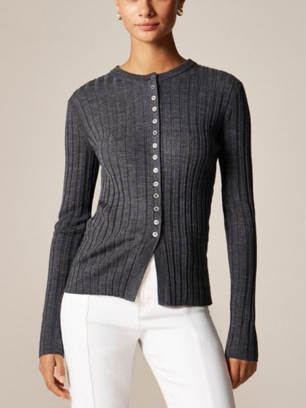 J. Crew Wide-rib fitted cardigan top in merino wool L